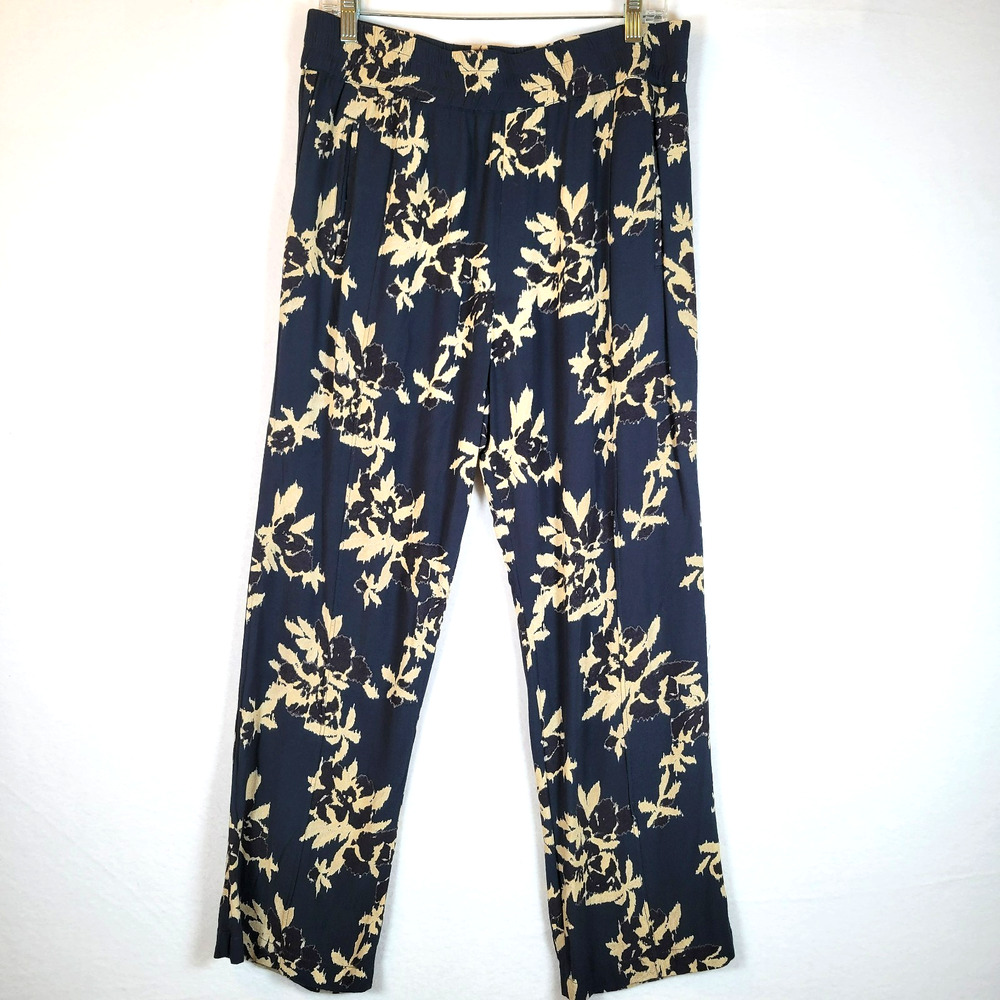 Ganni Womens Floral Crepe High Rise Smocked Pull-On Pants Size 40 Blue Pockets